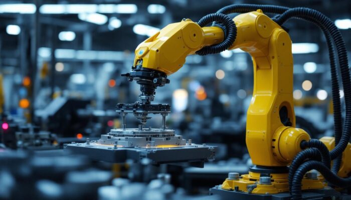 A photograph of a sleek industrial robot in action