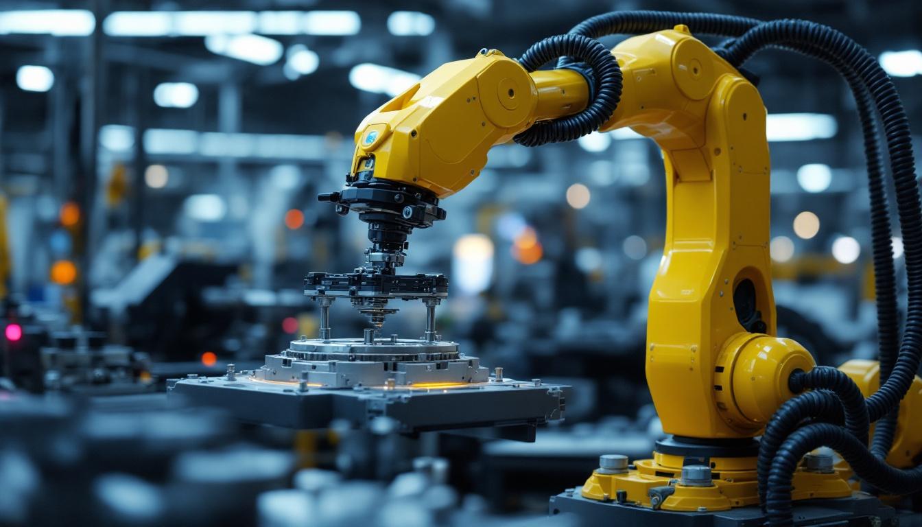 A photograph of a sleek industrial robot in action