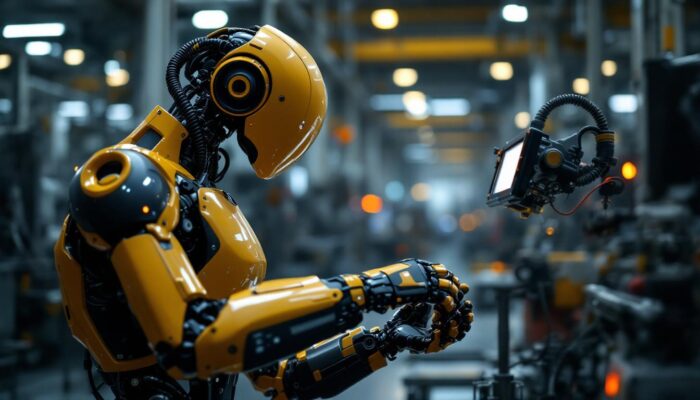A photograph of a sleek industrial robot in action on a factory floor