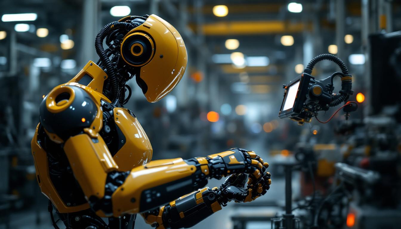 A photograph of a sleek industrial robot in action on a factory floor