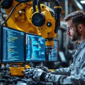 A photograph of a skilled technician programming an industrial robot