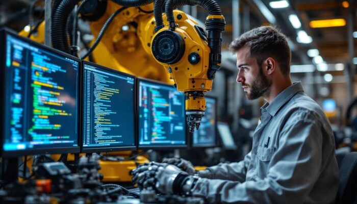 A photograph of a skilled technician programming an industrial robot