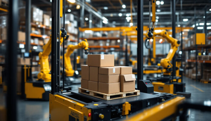 A photograph of a modern industrial palletizer in action