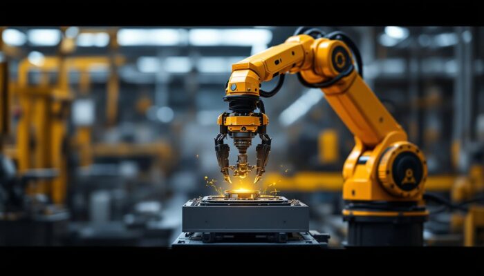 A photograph of a sleek industrial robotic arm in action