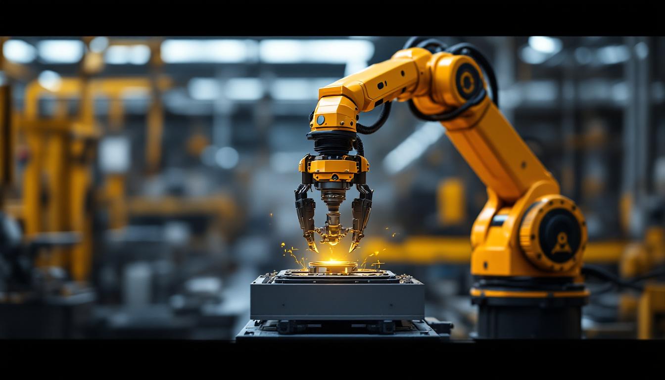 A photograph of a sleek industrial robotic arm in action