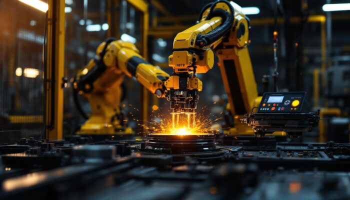 A photograph of a dynamic industrial robot in action