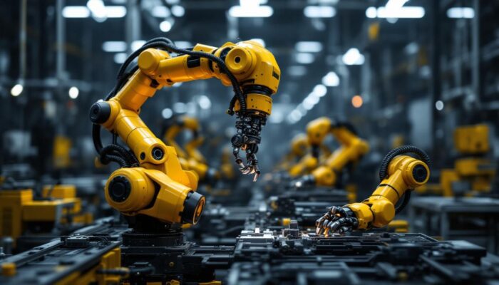 A photograph of a dynamic industrial robot in action