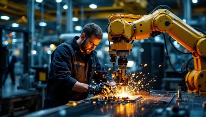 A photograph of a skilled operator working closely with an industrial robotic arm in a dynamic manufacturing environment