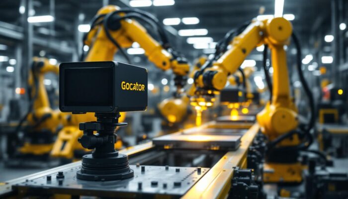 A photograph of a gocator 3d laser scanner in action within an industrial setting