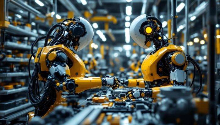 A photograph of a sleek industrial robot in action within a modern manufacturing environment