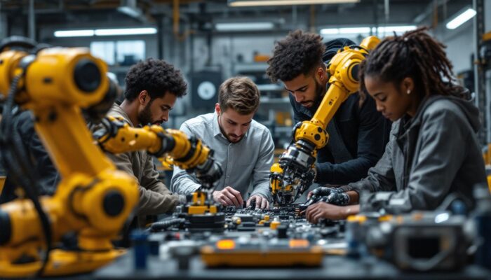 A photograph of a diverse group of students engaged in a hands-on robotics class