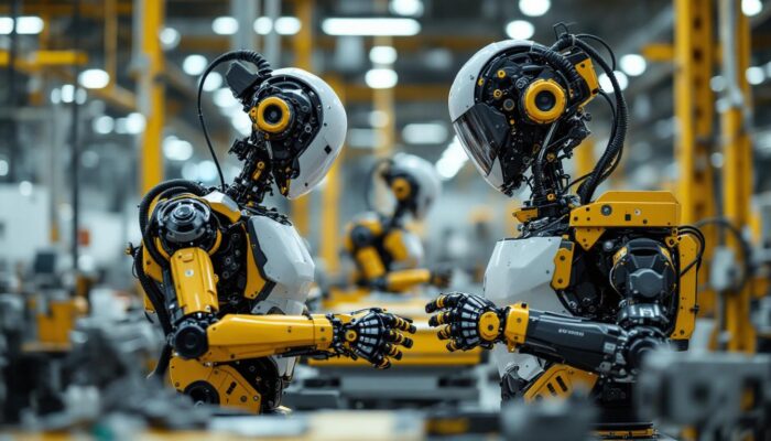 A photograph of a sleek industrial robot in action within a manufacturing environment