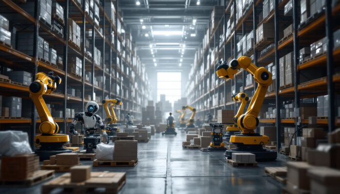 A photograph of a bustling robotic warehouse scene