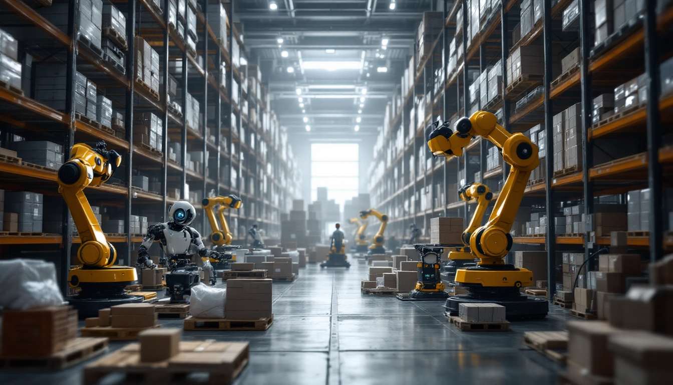 A photograph of a bustling robotic warehouse scene