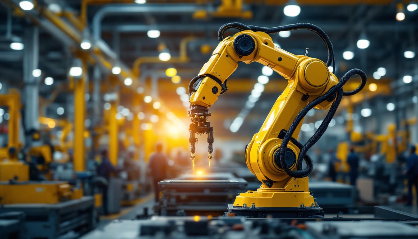 A photograph of a dynamic industrial robotic arm in action