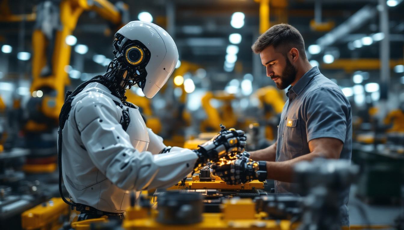A photograph of a collaborative robot working alongside a human operator in an industrial setting