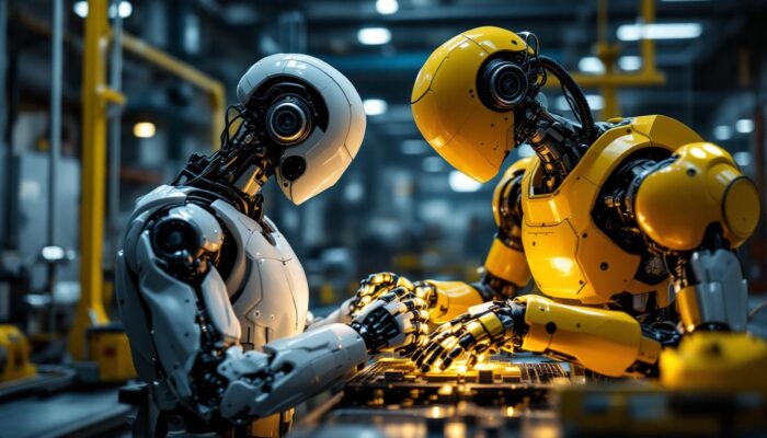 A photograph of a sleek industrial robot in action within a manufacturing environment