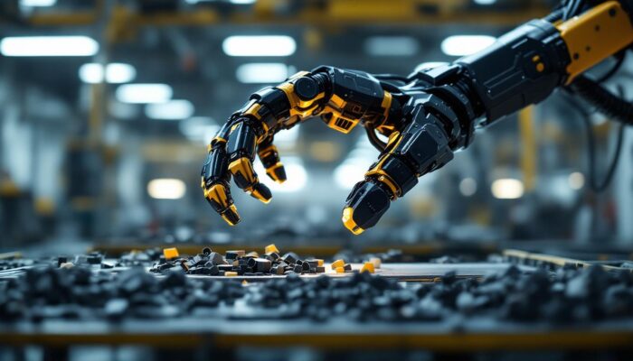 A photograph of a robotic claw in action within an industrial setting