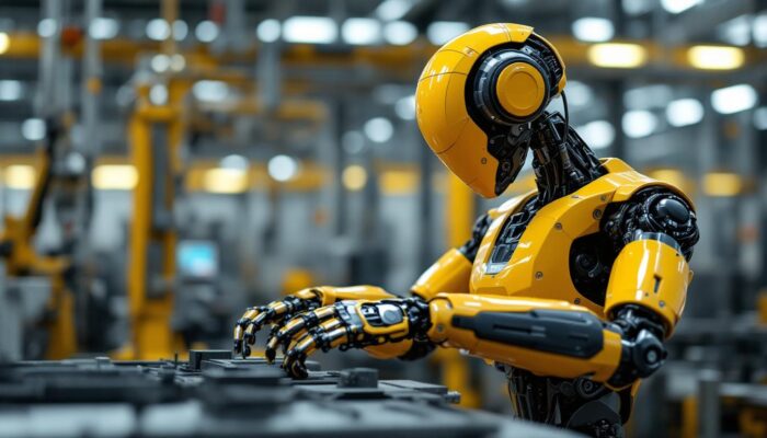 A photograph of a sleek industrial robot in action within a manufacturing environment
