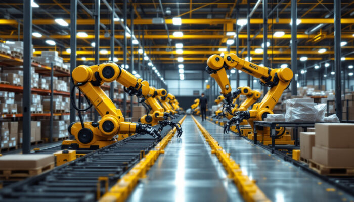 A photograph of a bustling automated warehouse environment