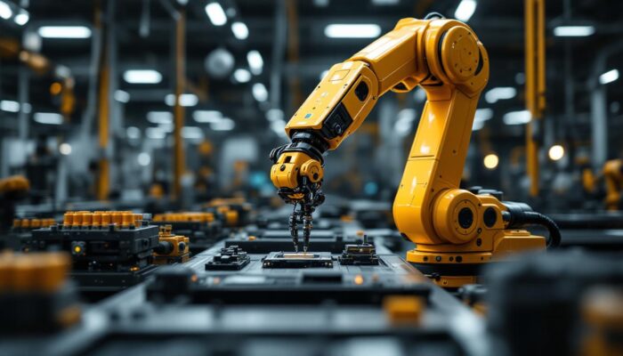 A photograph of a sleek servo arm robot in an industrial setting