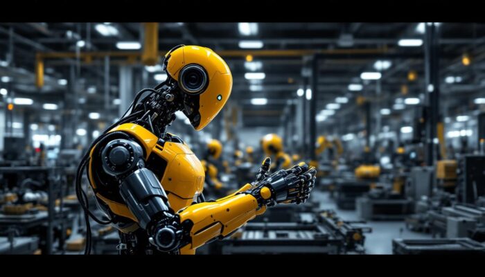 A photograph of a sleek industrial robot in action within a modern manufacturing facility