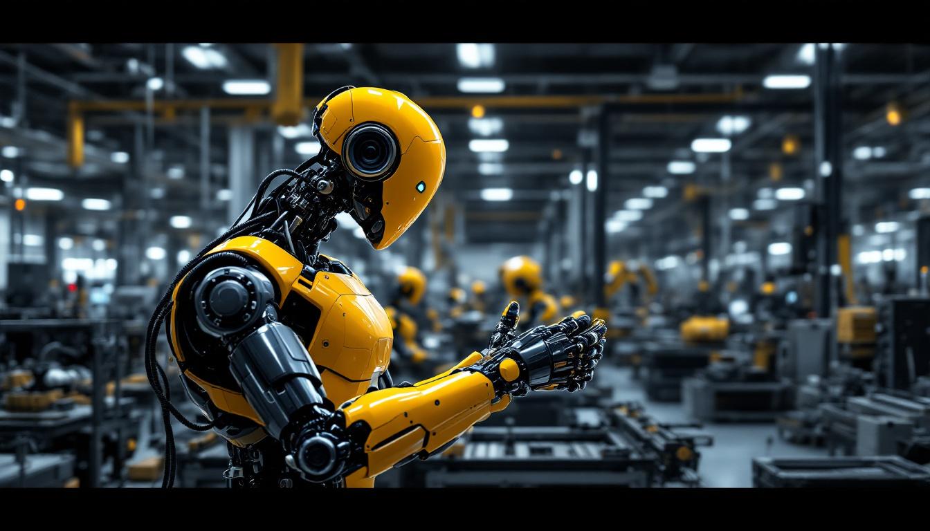 A photograph of a sleek industrial robot in action within a modern manufacturing facility