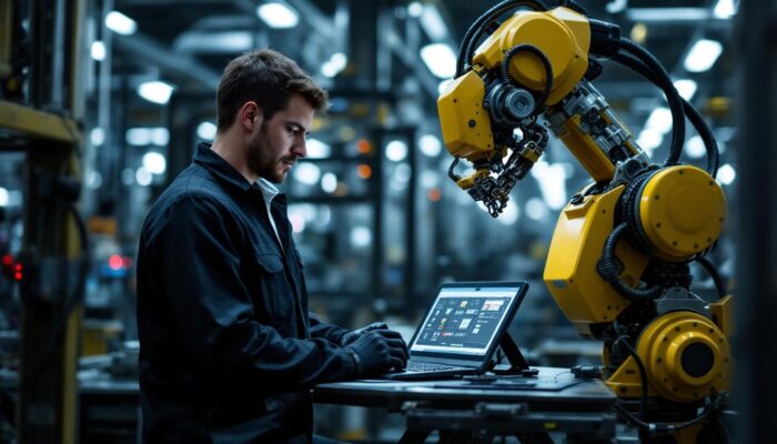 A photograph of a skilled technician programming an industrial robot in a modern manufacturing facility