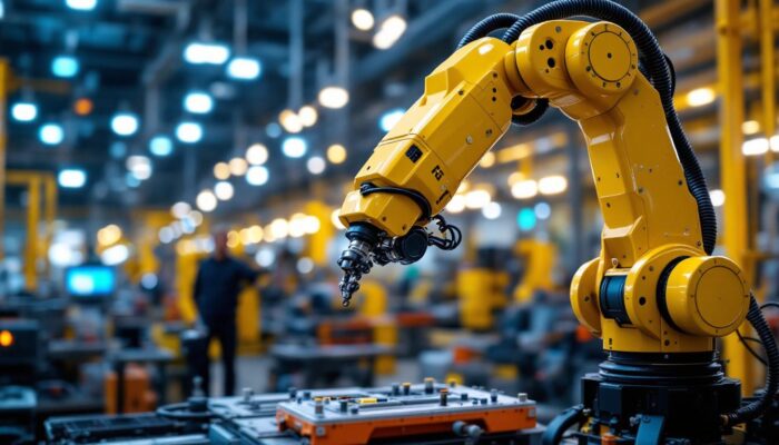 A photograph of a sleek industrial robotic arm in action