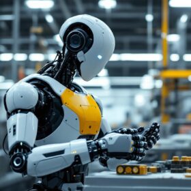 A photograph of a sleek industrial robot in action within a manufacturing environment