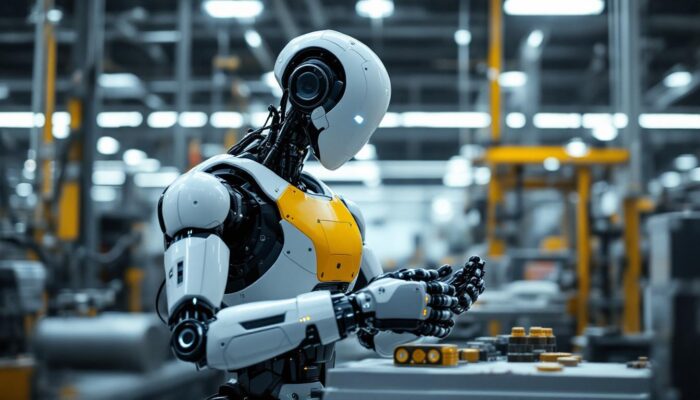 A photograph of a sleek industrial robot in action within a manufacturing environment