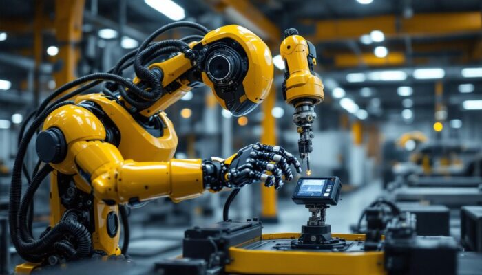 A photograph of a modern industrial robot in action within a manufacturing setting