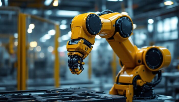 A photograph of a sleek industrial robotic arm in action within a modern manufacturing environment