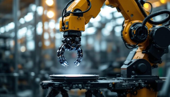 A photograph of a high-tech industrial robot equipped with a versatile gripper in action