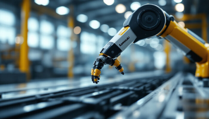A photograph of a sleek kawasaki industrial robot in action