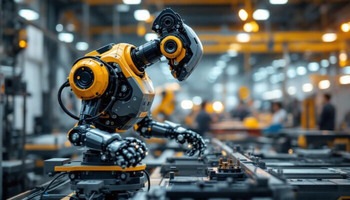 A photograph of a modern industrial robot in action