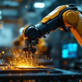 A photograph of a sleek industrial robotic arm in action