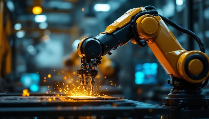 A photograph of a sleek industrial robotic arm in action