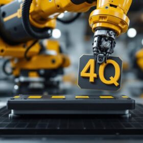 A photograph of a close-up of a robotic arm gripping a magnetic sign using a gripper mat