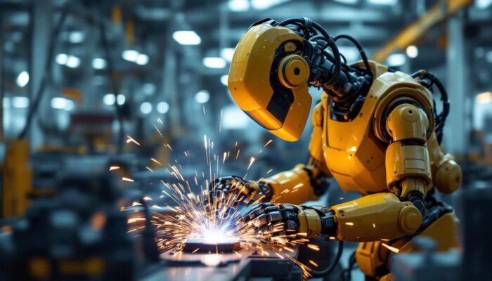 A photograph of a collaborative welding robot in action