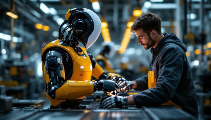 A photograph of a collaborative robot (cobot) working alongside a human in an industrial setting