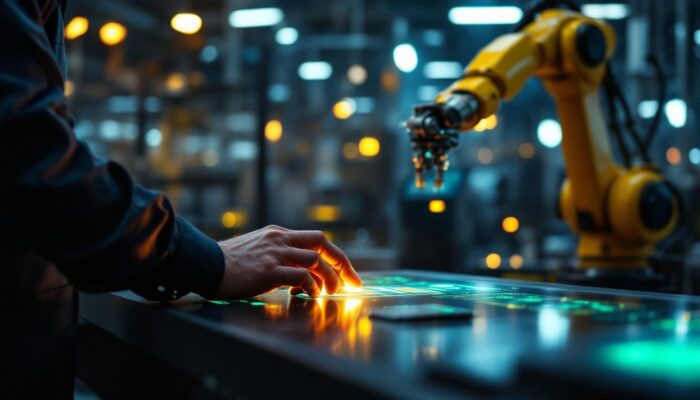 A photograph of a skilled operator using a 3d mouse to control an industrial robotic arm in a dynamic manufacturing environment
