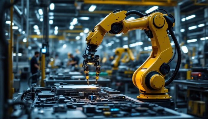 A photograph of a sleek industrial robotic arm in action