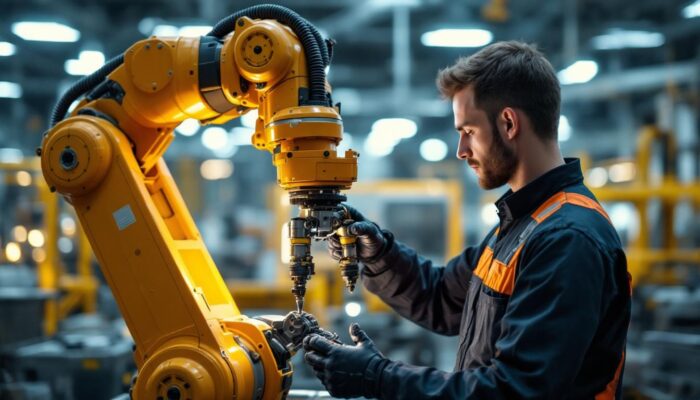 A photograph of a skilled technician interacting with an industrial robotic arm in a modern manufacturing setting