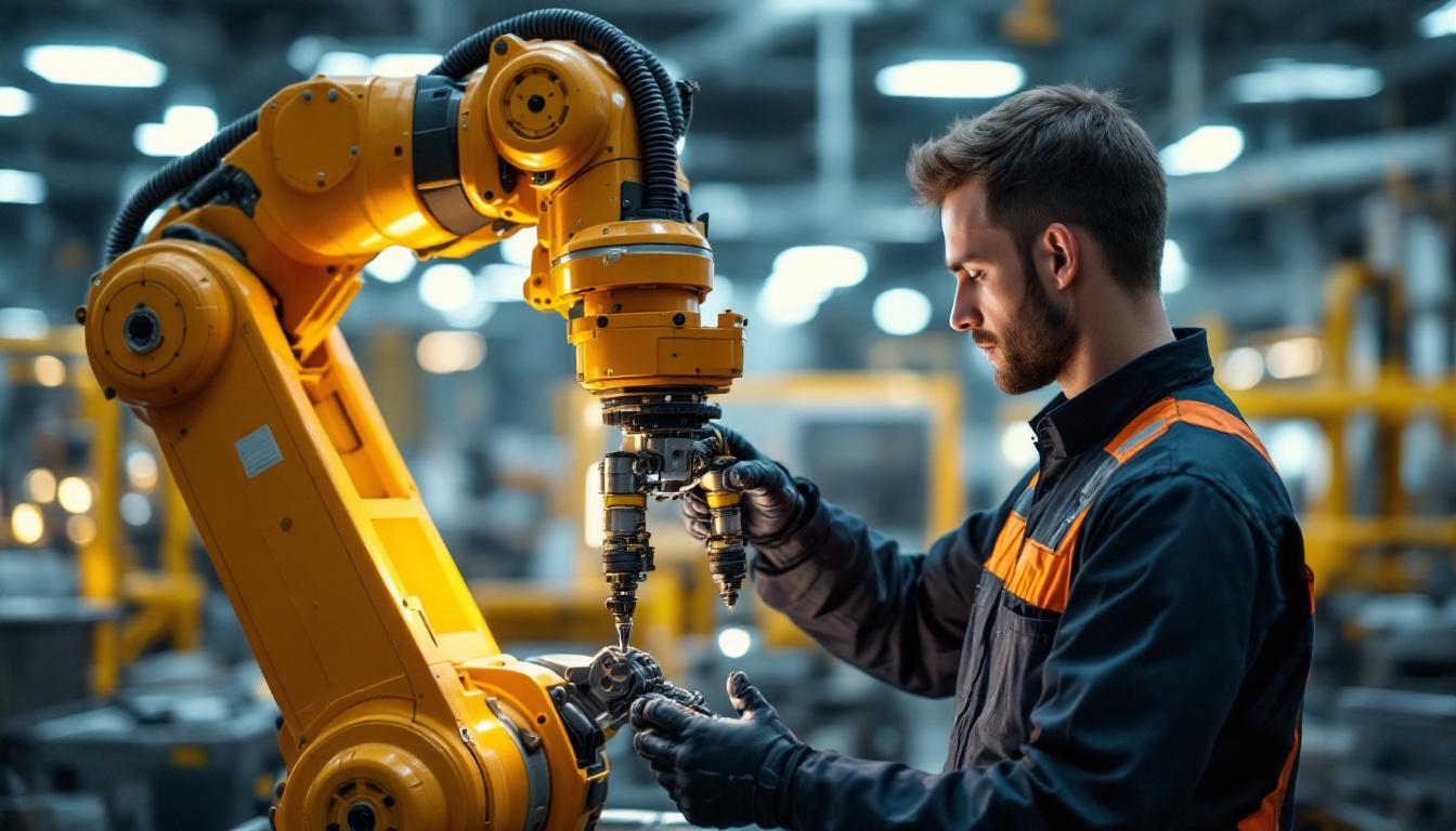 A photograph of a skilled technician interacting with an industrial robotic arm in a modern manufacturing setting