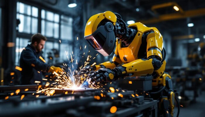 A photograph of a robotic welding machine in action