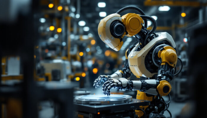 A photograph of a state-of-the-art industrial robot in action within a manufacturing environment