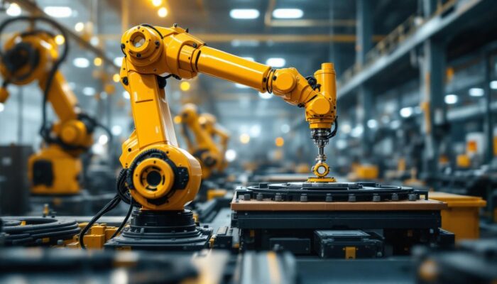 A photograph of a dynamic industrial setting featuring a flexxbotics robotic arm in action