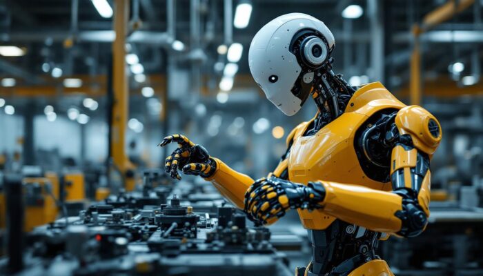 A photograph of a sleek industrial robot in action within a modern manufacturing environment