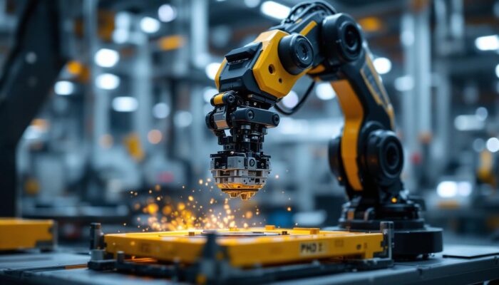 A photograph of a high-tech industrial robot equipped with a phd gripper in action